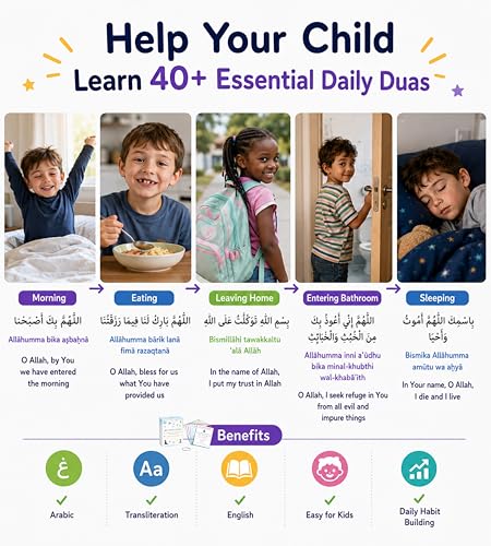Islamic Dua Flashcards for Kids – 40+ Daily Duas Learning Cards in Arabic, Transliteration & English – Muslim Learning Cards | Islamic Educational Activity | Ramadan & Eid with Free Prayer Tracker