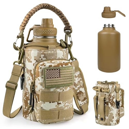 DEFUNX Half Gallon Water Bottle Insulated with Sleeve - Tactical 64 oz Stainless Steel Water Jug with MOLLE Water Bottle Pouch, Gym Water Bottles for Men Hiking Workout (Desert Digital Camo) - color: 64oz - Desert Digital Camo, size: 64 Ounces