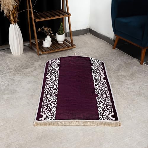 Modefa Turkish Islamic Prayer Mat - Chenille with Foam and Carrying Bag - Intricate Praying Rug Ramadan Eid Gift - Traditional Muslim Janamaz Seccade for Men Women - Mustaqim (Purple) - color: Purple