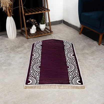 Modefa Turkish Islamic Prayer Mat - Chenille with Foam and Carrying Bag - Intricate Praying Rug Ramadan Eid Gift - Traditional Muslim Janamaz Seccade for Men Women - Mustaqim (Purple) - color: Purple