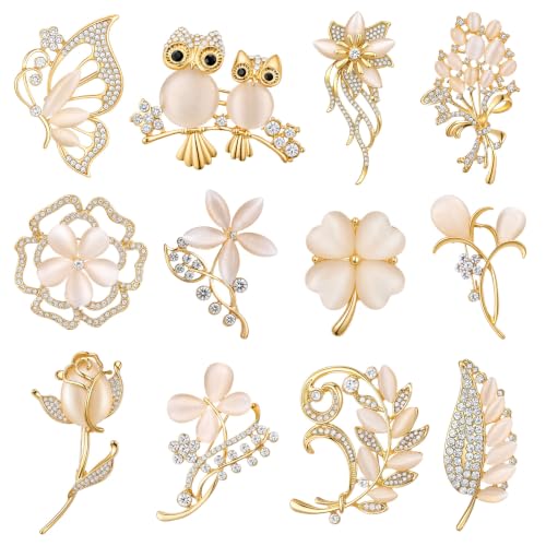 Junkin 12 Pcs Women Brooches Bulk Vintage Rhinestone Pin Set - style: Cats Eye