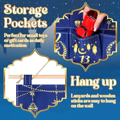 Fabric Ramadan Countdown Calendar 2026 Eid Mubarak Advent Hanging Calendar 30 Days Mystery Eid Ramadan Countdown Calendar with 30 Pockets Reusable for Home Wall Decor Party Supplies