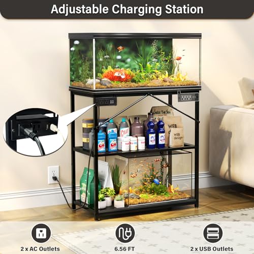 TC-HOMENY Fish Tank Stand 10,20,29,37 Gallon, 1000LB Capacity Aquarium Stand with Built-in Outlet, 31"L x 16"W Metal Reptile Tank Stand, Double Storage Design Adjustable Shelves, Black (Tank not Included)