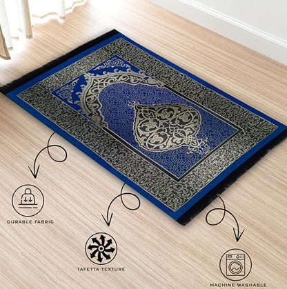 Muslim Prayer Rug Prayer Beads Kufi Hat for Men and Women 100% Breathable Black Skull Beanie Traditional Desing Prayer Mat Eid Ramadan Gifts Islamic Set Salah Mat Taffeta Fabric Soft (Blue) - color: Blue