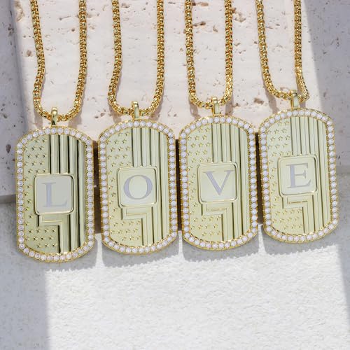 American Flag 18K Gold Plated Initial Dog Tag Alphabet Pendant Necklace for Men&Women, A to Z Copper Pendant Necklace with CZ Stones, Personalized Letter Non-Tarnish Jewelry Gift - style: Q