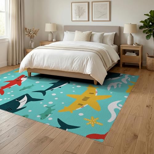 6'x9' Washable Graphic Wave Area Rug, Yellow Foldable Non-Slip Large Carpet Foldable Easy Care Carpet for Queen Size Bedroom, Under Bed, Master Bedroom | Ref:2070037 - color: Blue/Pattern 14, size: 6' x 9' (Rectangular)