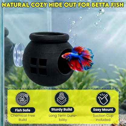 Floating Cozy Betta House, Natural Floating Betta Hide Out, Aquarium Fish Hammock, Relaxing & Stress Relief, Suction Cup Included, 2.9" W x 2.6" H (Black) - color: Black