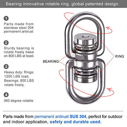 SELEWARE Heavy Duty Bearing Swing Swivel, 360° Rotation Hanging Accessory | Quiet Smooth Rotation, Supports Up to 1200LB, Quick Connect Buckles, 1 Pack for Swings, Hammocks, Tire Swings and Heavy Bags - color: Swivel (E) and 2 Carabiners
