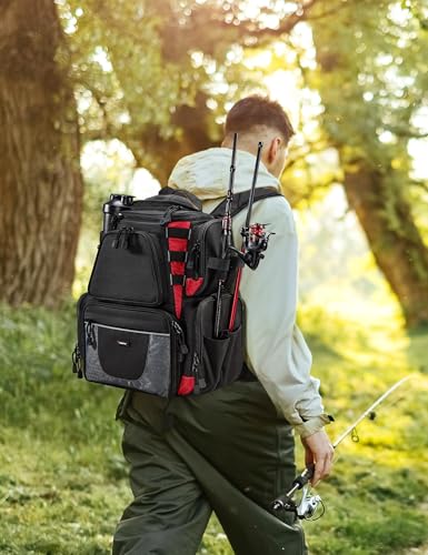 Piscifun Fishing Tackle Backpack with 2 Rod Holders, 4 Boxes & Rain Cover | Multi-pocket storage, fits 3600/3700 trays, bottle holder, padded straps for bank fishing - color: Black