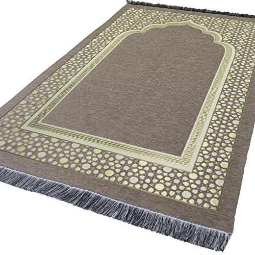 Modefa Turkish Islamic Prayer Mat - Thin Woven Chenille Sajjadah - Intricate Praying Rug Ramadan Eid Gift - Traditional Muslim Janamaz Sajada for Men Women - Geometric Selcuk Star (Beige) - color: Beige