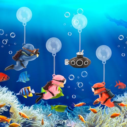 4pcs Floating Fish Tank Decoration - Floating Little Diver & Retro Submarin | Cute Underwater Dver Ornament,Aquarium Decoration Ornaments,Playmate for Tank Suitable for All Kinds of Fish and Tanks