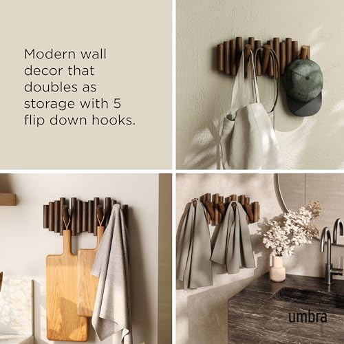 Umbra Picket Coat Rack, Wall Mount 5 Flip-Down Coat Hooks, Walnut | Beveled pine wood dowels, supports up to 5 lbs, mounting hardware included, space saving - color: Walnut, size: 5-Hook