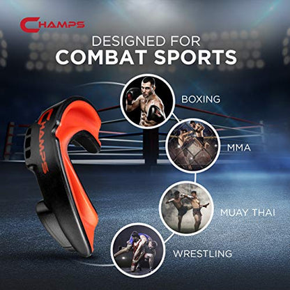 Champs MMA Breathable Mouth Guard for Boxing, MMA, Jiu Jitsu, Muay Thai, Wrestling & Combat Sports – Easy Fit, Boil & Bite Design Mouthpiece – Durable Boxing Mouthguard for Men & Adults, Case Included - color: Black