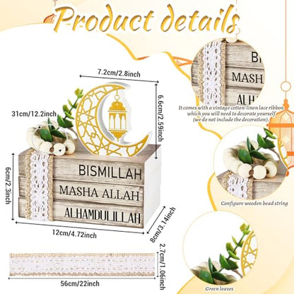 Ramadan Decorations for Home Eid Mubarak Decorations Wood Ramadan Table Sign Golden Moon Eid Tiered Tray Sign for Islamic Muslim Table Indoor Shelf Office Gifts - style: Ramadan
