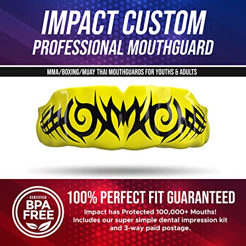 Impact Mouthguard Boxing, MMA, Muay Thai Sports Mouthguards for Youth Adults, Professional Custom-Fit, Tribal Black on Yellow - color: Black on Yellow