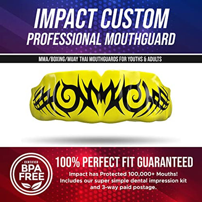 Impact Mouthguard Boxing, MMA, Muay Thai Sports Mouthguards for Youth Adults, Professional Custom-Fit, Tribal Black on Yellow - color: Black on Yellow