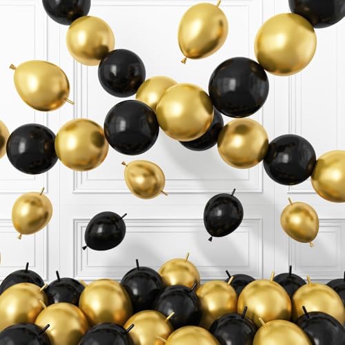 Black Gold Link Balloons,60Pcs 6Inch Metallic Gold Black Linking Balloons - color: Black Gold