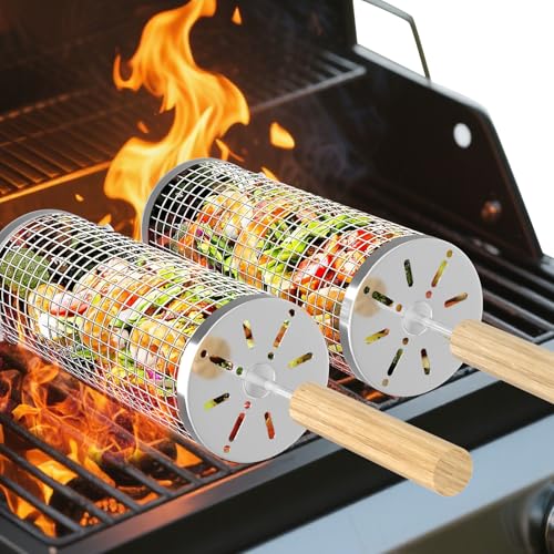 Rolling Grill Basket, Removable Wooden Handle, 304 Stainless Steel, Nesting Grilling Net, BBQ Accessories Tool for Vegetable Shrimp, Outdoor Cooking Camping, Christmas Birthday Gifts for Men Dad Husband