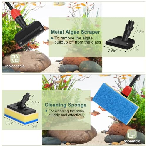 hygger Multi-Use Fish Tank Cleaner, 6 in 1 Aquarium Cleaning Tools Kit with 17.7 Inches Long Handle Algae Scraper Sponge Scrubber Firm Scrub Brush Fish Net Gravel Rake for Acrylic & Glass Tank - size: S(17.7in Long Handle)