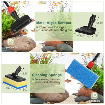 hygger Multi-Use Fish Tank Cleaner, 6 in 1 Aquarium Cleaning Tools Kit with 17.7 Inches Long Handle Algae Scraper Sponge Scrubber Firm Scrub Brush Fish Net Gravel Rake for Acrylic & Glass Tank - size: S(17.7in Long Handle)
