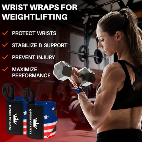 TECEUM Weightlifting 18" & 12" Wrist Wraps with Thumb Loop – Heavy Duty Wrist Workout Braces for Men and Women – Ideal for Powerlifting, Strength Training, Bodybuilding - color: US Flag, style: 12" – Queen of Lifts