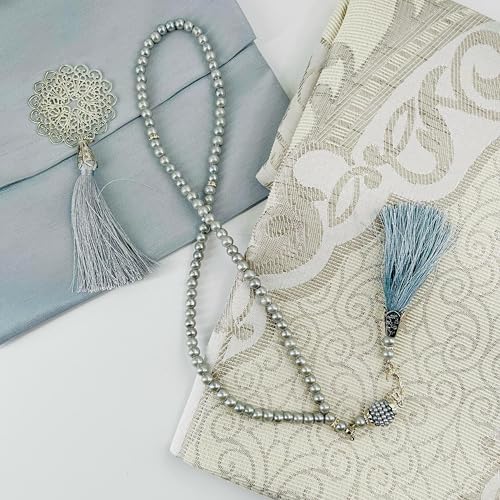 BABY SHOWER CHOCOLATE Muslim Prayer Rug and Tasbeeh Set with Portable Premium Shantung Bag – Soft Janamaz Sajadah for Men & Women – Islamic Gift for Ramadan, Eid, Hajj, Umrah – Travel Prayer Mat - color: Grey