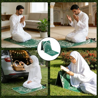 Foldable Thick Prayer Rug with Back Support, Portable Prayer Mat Set Green | 36x78cm Islamic Prayer Mat, Includes Kufi Hat & 99 Beads Tasbih, Meditation Rug for Muslim, Ramadan Gift Set - color: Green