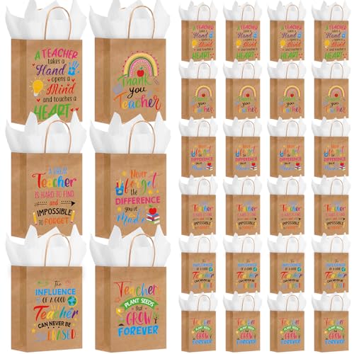 Resholder 30 Pcs Teacher Appreciation Gift Bags with Tissue Papers Best Teacher Ever Paper Bags with Handles Thank You Teaching Treat Pouches Back to School Gifts for Teachers' Day Classroom - style: Teacher Appreciation