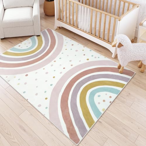 STARUIA Washable Rainbow Rug for Girls Bedroom, 5x7 Boho Area Rug Kids Rugs for Playroom Tent Castle, Non-Slip Soft Play Mat Carpet Girls Rug for Kid Room Classroom Dorm - color: Morandi, size: 5'x7' (Rectangular)