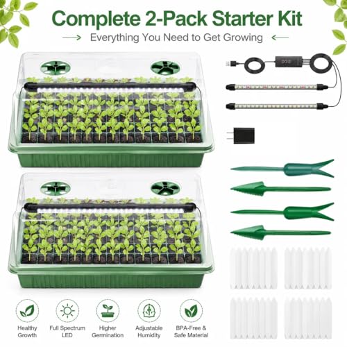 Seed Starter Tray with Timed Grow Light, 2 Pack 80 Cells Plant Starter Tray Seedling Starter Kit with Humidity Domes Base Indoor Mini Greenhouse Plant Germination Trays for Seeds Growing Starting