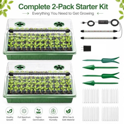 Seed Starter Tray with Timed Grow Light, 2 Pack 80 Cells Plant Starter Tray Seedling Starter Kit with Humidity Domes Base Indoor Mini Greenhouse Plant Germination Trays for Seeds Growing Starting