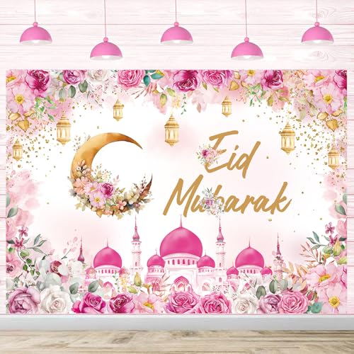 Eid Mubarak Backdrop Pink Floral Islamic Muslim Festival Photography Background Arabian Ramadan Golden Moon Lantern Castle Banner for Home Eid Themed Party Decoration Supplies (8X6FT(94 x 70 inch))