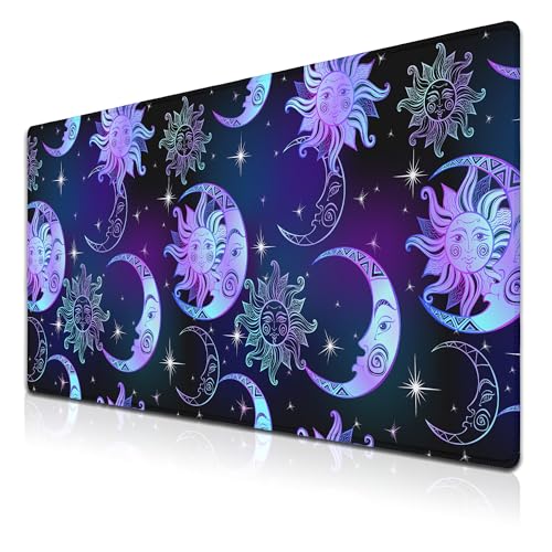 Gaming Mouse Pad Purple Desktop Mat Extra Large Mouse Pads Computer Desk Mat Pc Gaming Mat Waterproof Non-Slip Rubber Base 35.4" X 15.7" for Game Office, Magical Sun and Moon Stars - color: Magical Night
