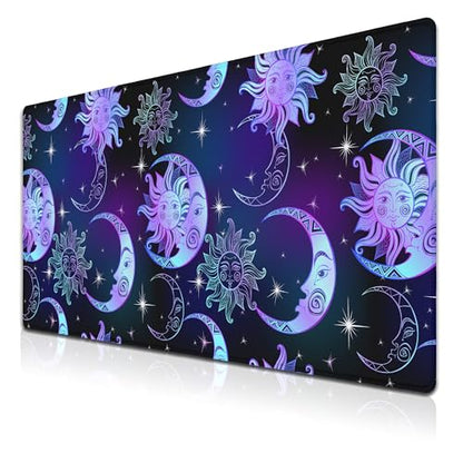 Gaming Mouse Pad Purple Desktop Mat Extra Large Mouse Pads Computer Desk Mat Pc Gaming Mat Waterproof Non-Slip Rubber Base 35.4" X 15.7" for Game Office, Magical Sun and Moon Stars - color: Magical Night