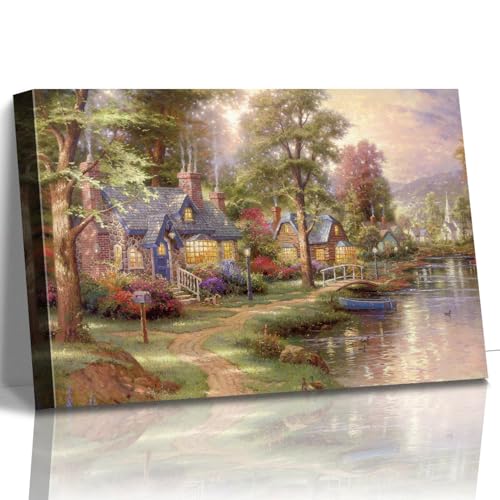 STUDIO HAVEN Thomas Kinkade Canvas Wall Art, River Cottage Stone Homes Wooden Bridge Boat and Ducks Flower-Lined Path Oil Painting Poster Rustic Wall Decor, Framed Prints for Home Decor, 16x12Inch - color: Thomas030, size: 16"L x 12"W