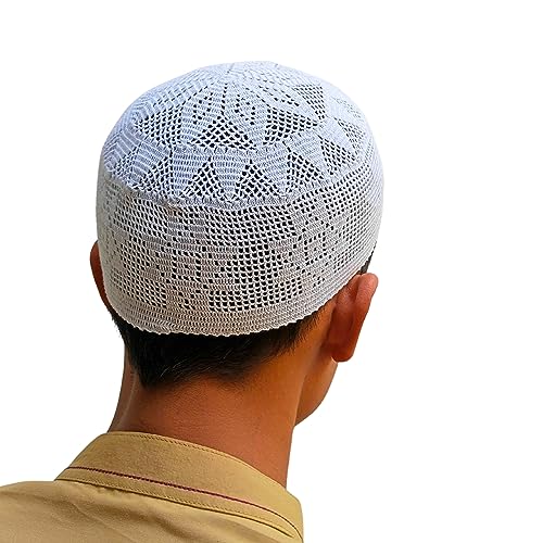 Muslim Prayer Caps by Feeha - White Knitted Kufi, Zakir Naik Caps, Taqiya Takke Peci for Men