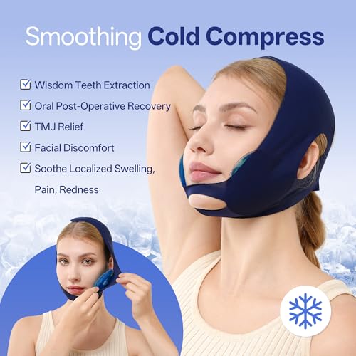 samply Wisdom Teeth Ice Pack Head Wrap with 4 Reusable Gel Cold Packs, Adjustable Face Ice Mask for Jaw & Cheek, Cold Compress, Navy Blue - color: Navy Blue