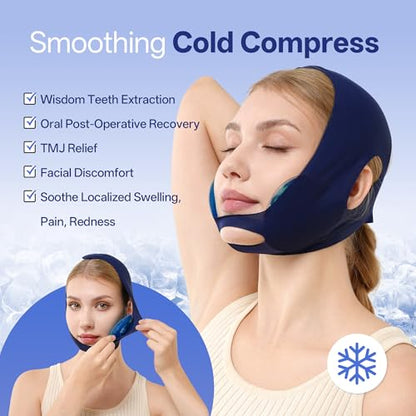 samply Wisdom Teeth Ice Pack Head Wrap with 4 Reusable Gel Cold Packs, Adjustable Face Ice Mask for Jaw & Cheek, Cold Compress, Navy Blue - color: Navy Blue