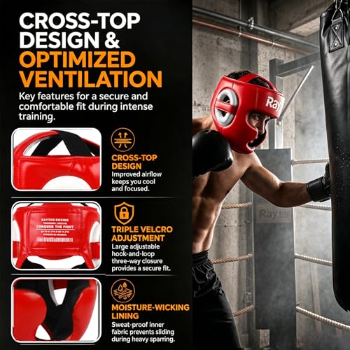 Boxing Headgear for Men Women – Professional Lightweight Open Face Head Guard, Breathable Protection, Secure Fit for MMA Muay Thai Kickboxing Sparring Training - color: Red