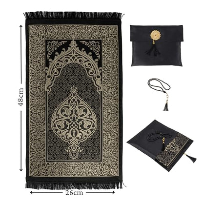 Modefa Islamic Prayer Mat Muslim Gifts - Thin Travel Muslim Prayer Rug in Taffeta Gift Bag with Tasbih Beads Prayer Matt Islam - Chenille Turkish Praying Carpet - Ramadan Gifts (Black) - color: Black
