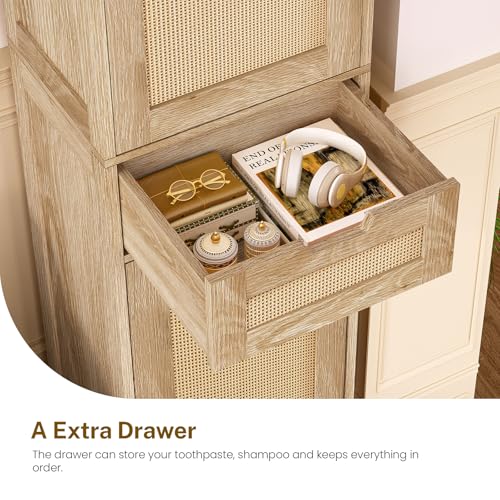 67" H Tall Storage Cabinet with 2 Rattan Doors and 1 Drawer, Narrow Rattan Cabinet with Adjustable Shelves, for Living Room, Entryway, Kitchen, Natural - color: Natural
