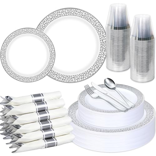 210Pcs Silver Plastic Dinnerware for 30 Guests,Silver Lace Disposable Plasticc Plates Including 30 Dinner&Dessert Plates,Cups,Plastic Silverware for Party,Wedding,Thanksgiving - color: Silver, size: 30 Guests