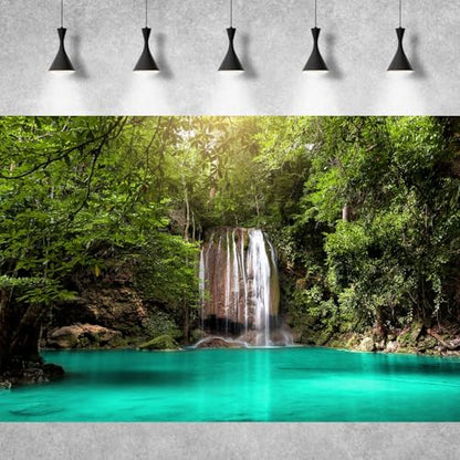 Jungle Waterfall Aquarium Background Lush Green Rainforest Rocks Terrarium Background Falls Green Plants Natural Landscape Fish Tank Background Lake Stream Waterfall Reptile Background 24x16in - color: Turquoise, size: 24(W)x16(H)in
