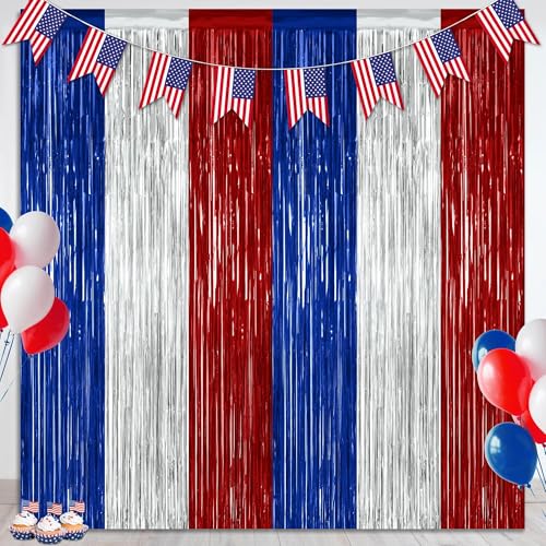 ZATAYE 2 Pack Blue Silver Red Foil Curtain Streamer Decorations - color: Blue Silver Red, size: 2 PCS
