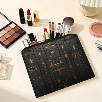 Egyptian Hieroglyphic Makeup Bag for Women, Cosmetic Pouch Travel Toiletry Organizer Bag 8.9"x6.5" Polyester - color: Egyptian Hieroglyphic