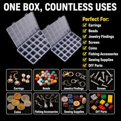 2 Pcs 24 Grid Plastic Organizer Boxes Small Parts Organizer Bead Storage Containers Jewelry Findings Organizers Box Earring Screw Holder Transparent Storage Case with Fixed Dividers