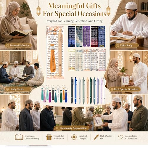 30 Sets 99 Names of Allah Bookmark Pens with Quran Writings Silicone Keys Chains Arabic English Bilingual Islamic Graduation Gifts Bulk for Quran Learning Reflecting on The Names of Allah
