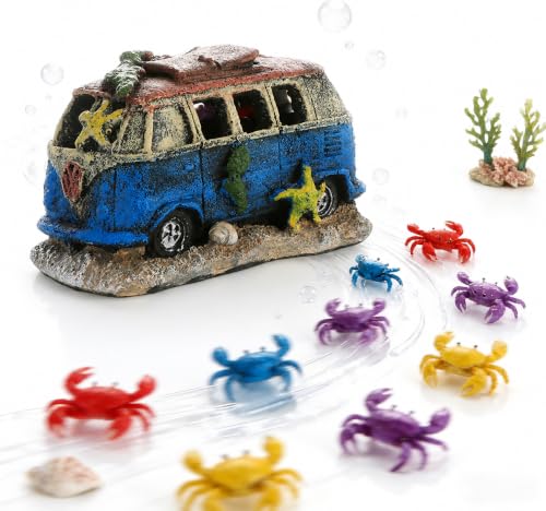 Resin Wreckage Aquarium Decor, Realistic Car Bus RV Fish Tank Decorations for Betta Habitats - color: Blue