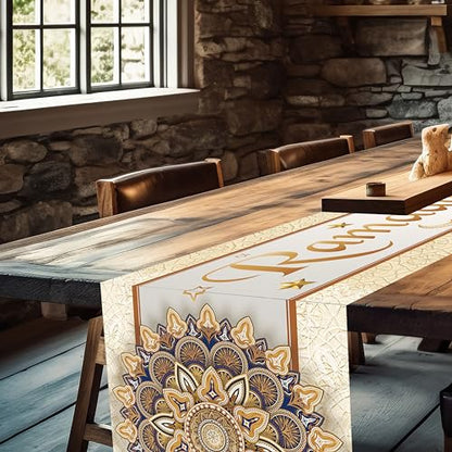 Ramadan Mubarak Table Runner - White & Gold Silk, 13.8x71 inches - size: White Ramadan Mubarak