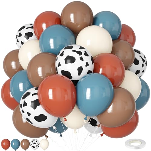 Cowboy Western Balloons, 12inch Dusty Slate Blue Retro Dark Brown Sand White Cow Print Latex Balloons for Boys First Rodeo Baby Shower Farm Country Wild West Cowboy Birthday Party Decorations - color: Blue Brown Sand Cow